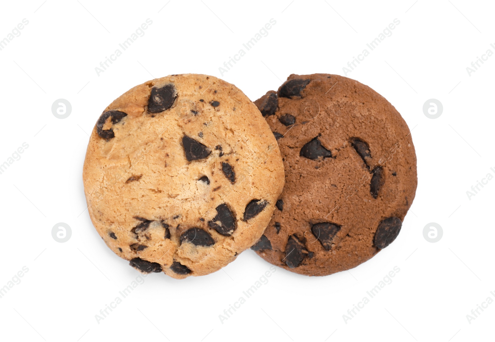 Photo of Delicious chocolate chip cookies on white background, top view