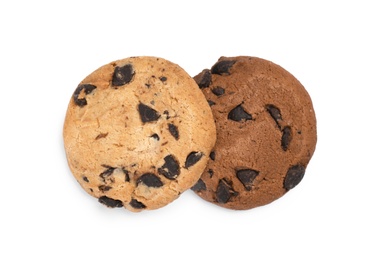 Delicious chocolate chip cookies on white background, top view