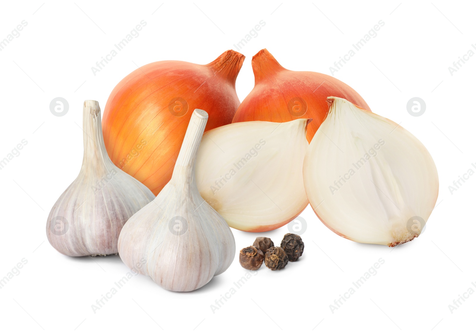 Image of Fresh onions, garlic bulbs and peppercorns on white background