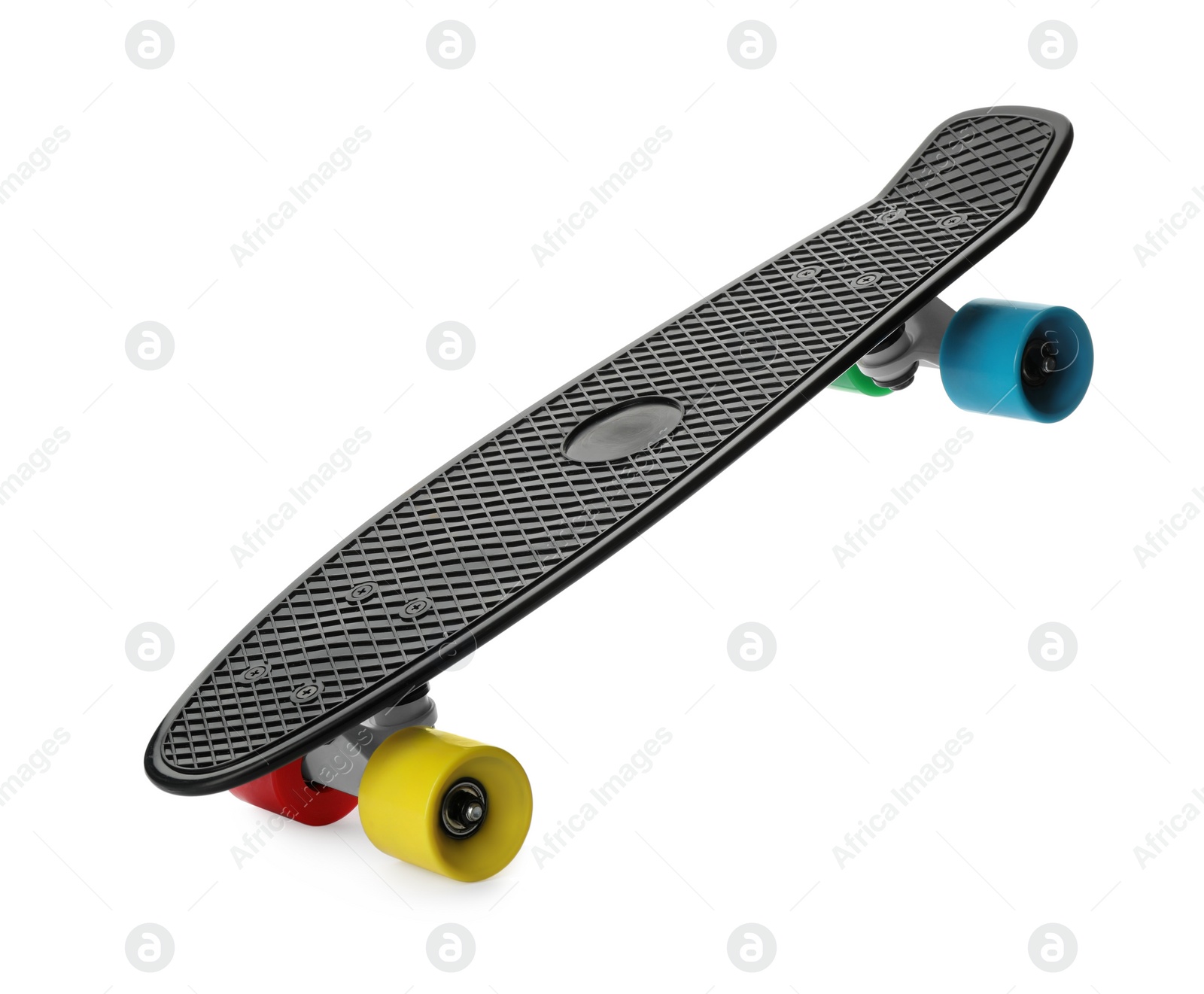 Photo of Black skateboard with colorful wheels isolated on white