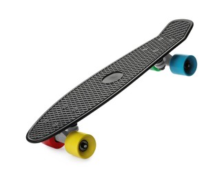 Photo of Black skateboard with colorful wheels isolated on white