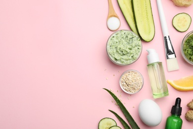 Photo of Flat lay composition with handmade face mask and ingredients on pink background. Space for text