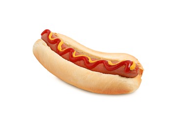 Yummy hot dog with ketchup and mustard isolated on white