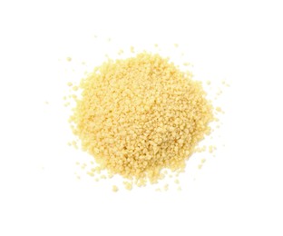 Photo of Pile of raw couscous isolated on white, top view