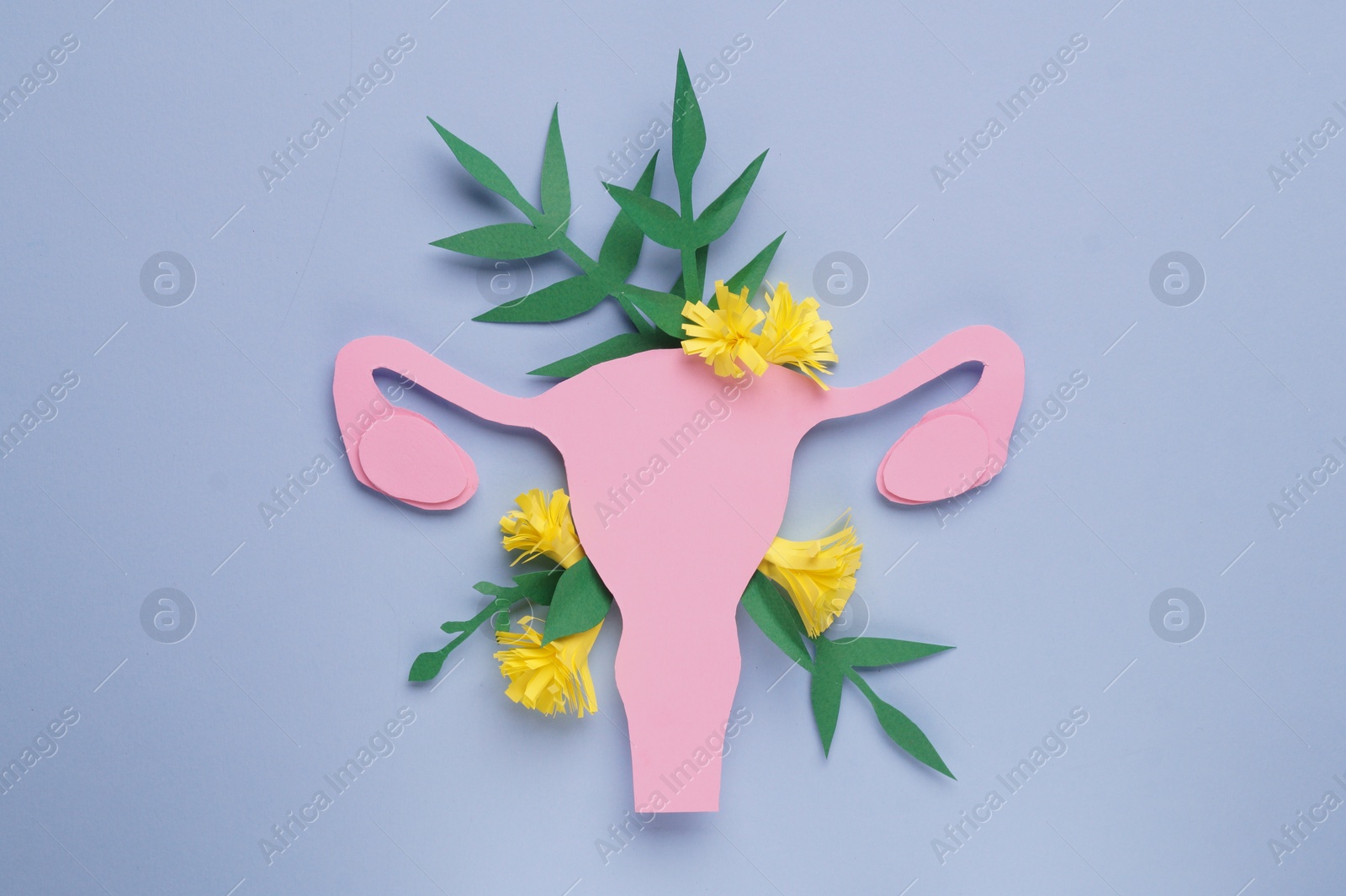 Photo of Woman's health. Paper uterus and flowers on light blue background, flat lay