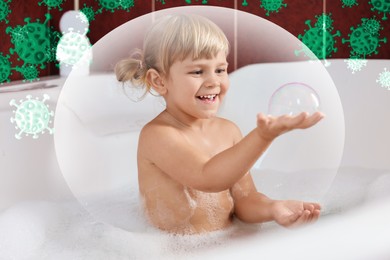 Illustration of Cute little girl with strong immunity taking bath. Bubble around her symbolizing shield against viruses, illustration