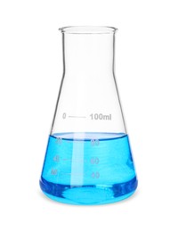 Photo of Glass flask with light blue liquid isolated on white