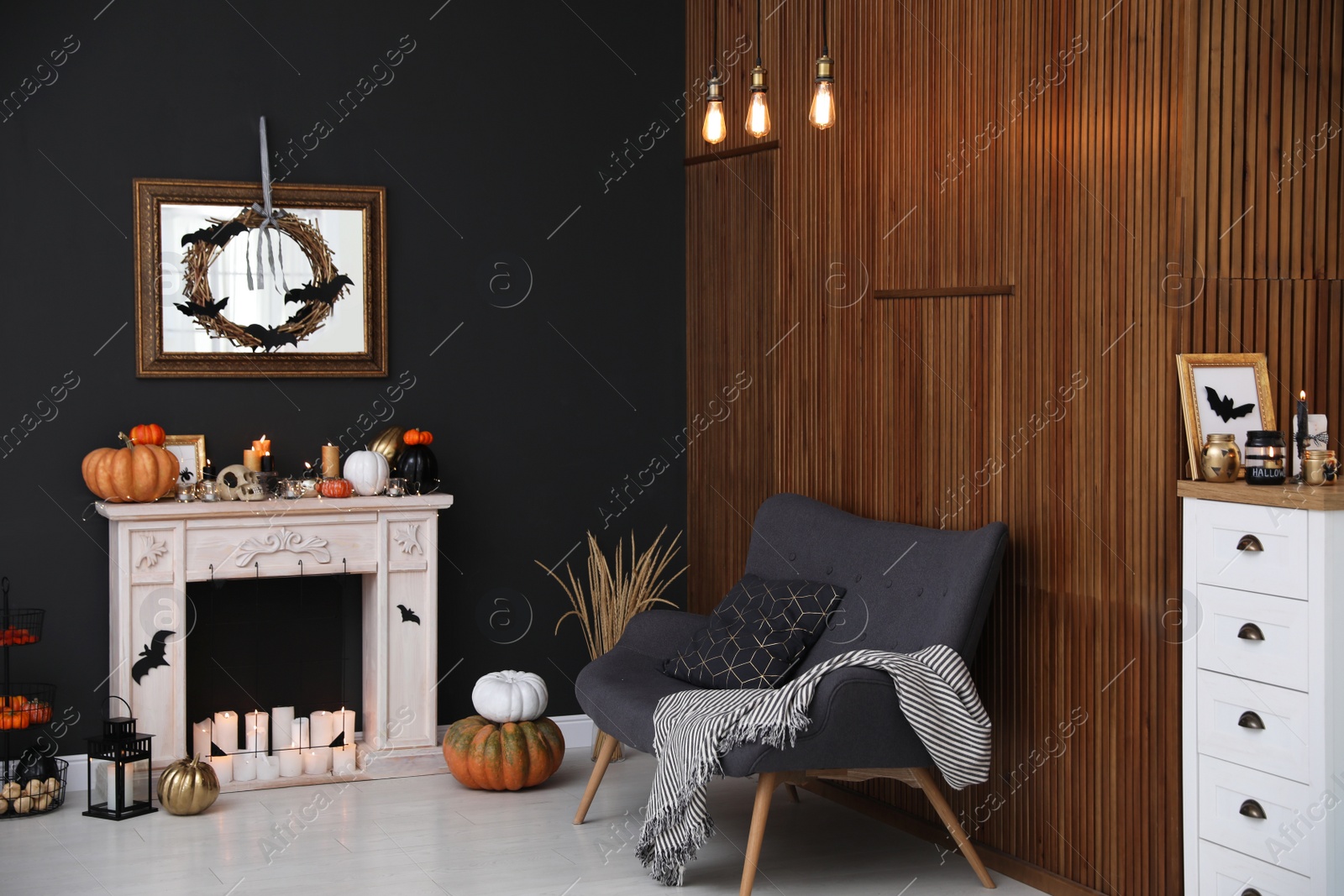 Photo of Modern room decorated for Halloween. Idea for festive interior