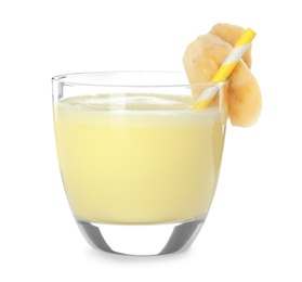 Photo of Glass of tasty milk shake on white background