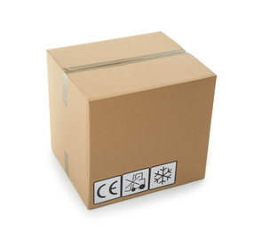 Cardboard box with different packaging symbols isolated on white. Parcel delivery