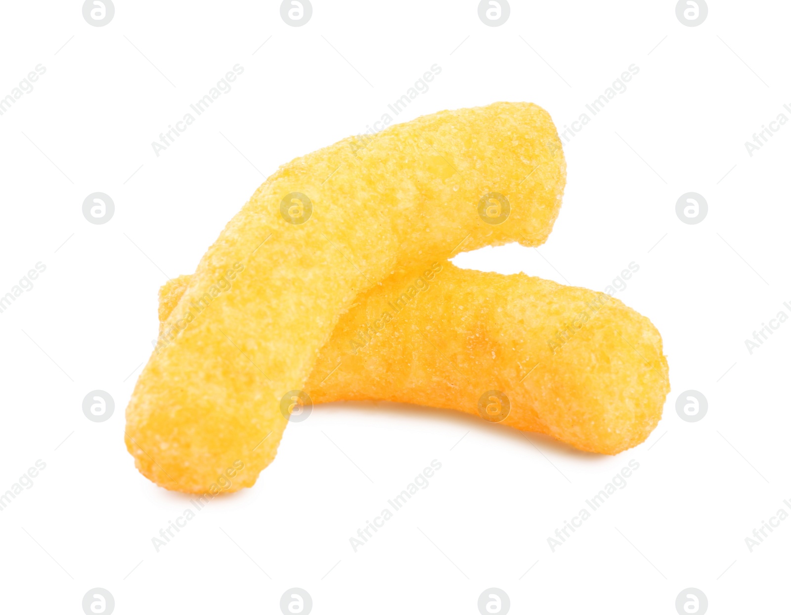 Photo of Two tasty cheesy corn puffs isolated on white