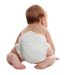 Photo of Cute little baby crawling on white background, back view