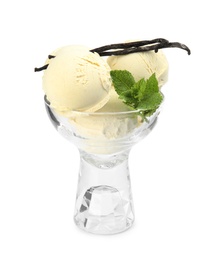 Photo of Delicious ice cream with vanilla pods and mint in dessert bowl on white background