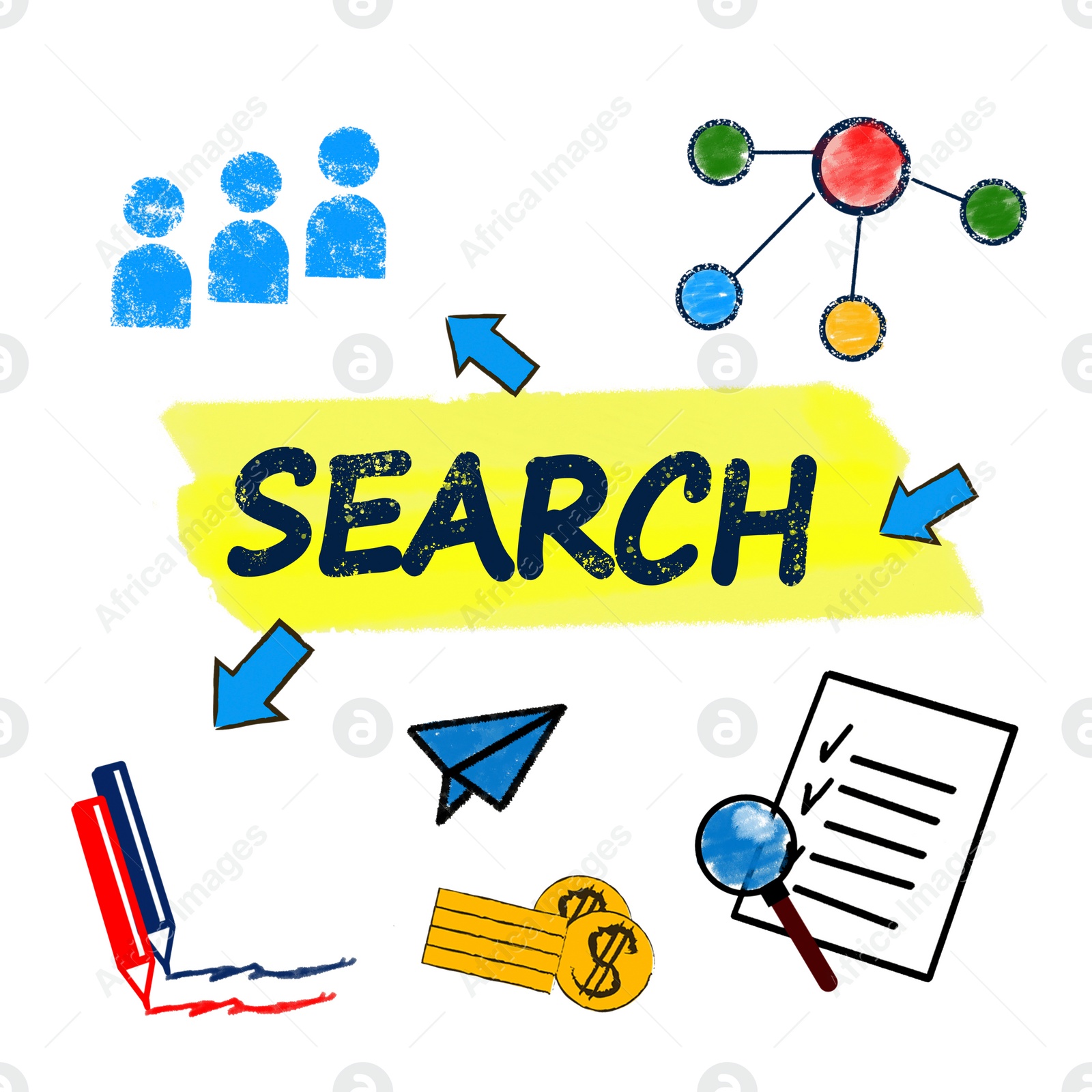 Illustration of SEO concept. Word SEARCH and different drawings on white background, illustration