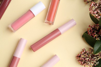 Different lip glosses and flowers on pale yellow background, flat lay