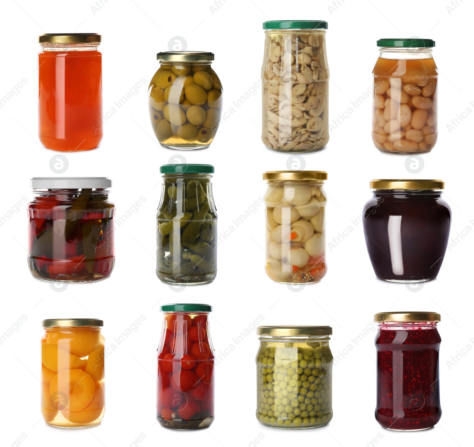 Image of Set of jars with jams and pickled foods on white background