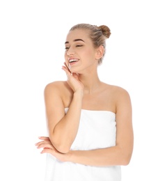 Photo of Portrait of young pretty woman with towel on white background