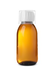 Bottle of syrup with measuring cup on white background. Cough and cold medicine