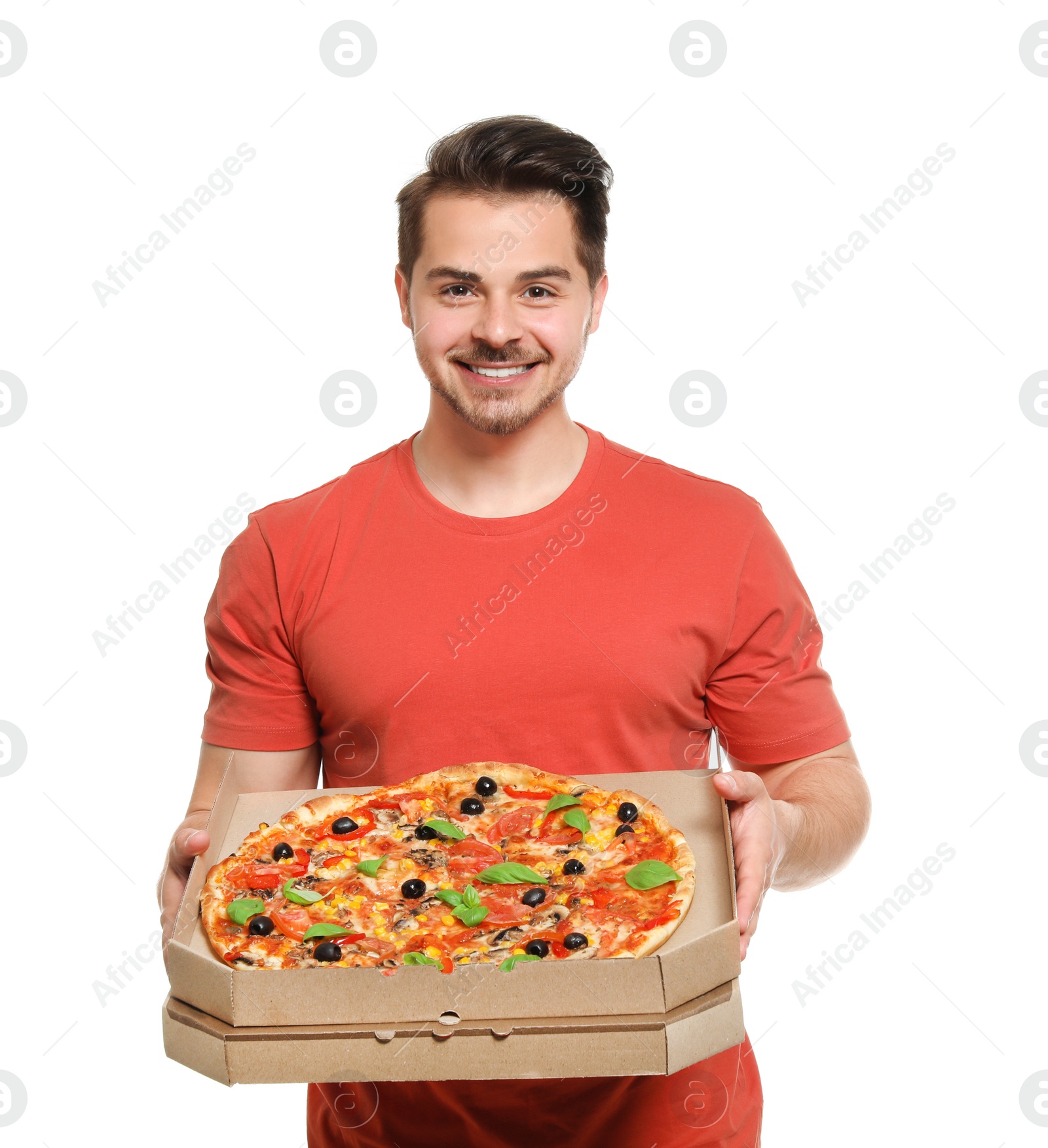 Photo of Attractive young man with delicious pizza on white background