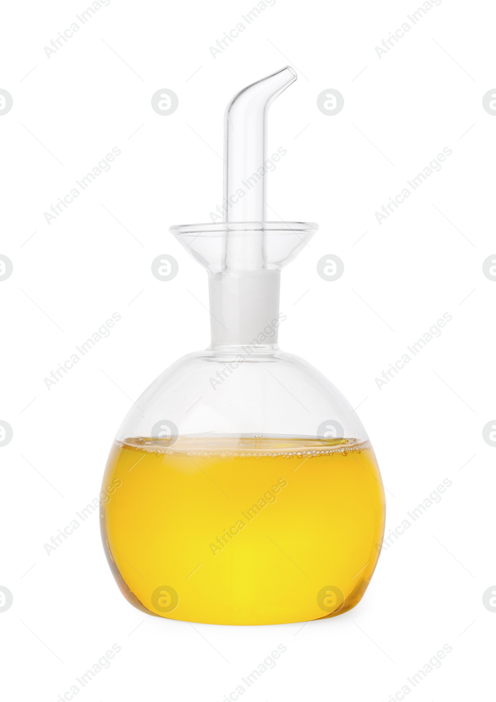 Photo of Glass cruet of cooking oil isolated on white