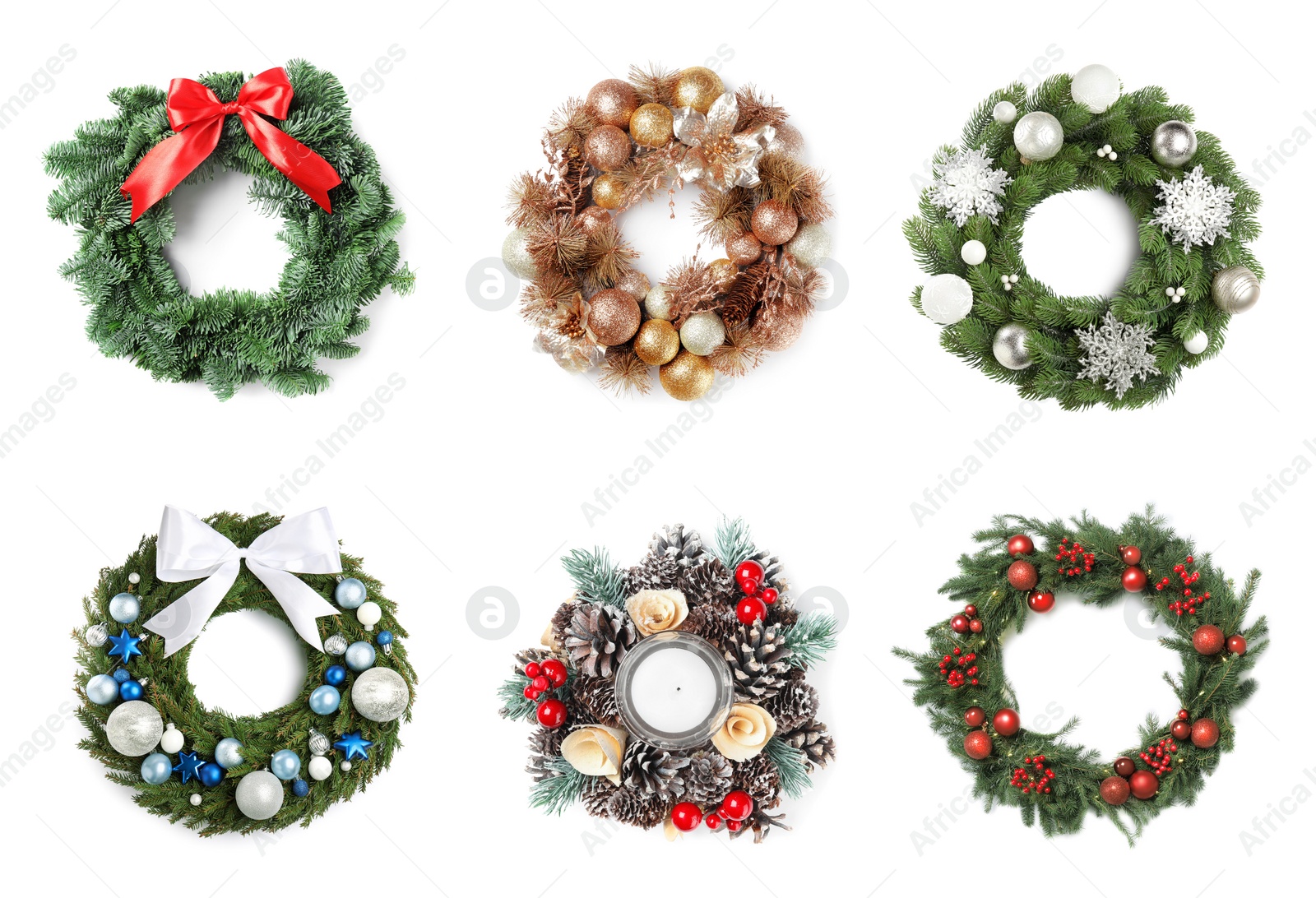 Image of Set with beautiful Christmas wreaths on white background, banner design