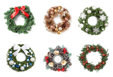 Set with beautiful Christmas wreaths on white background, banner design