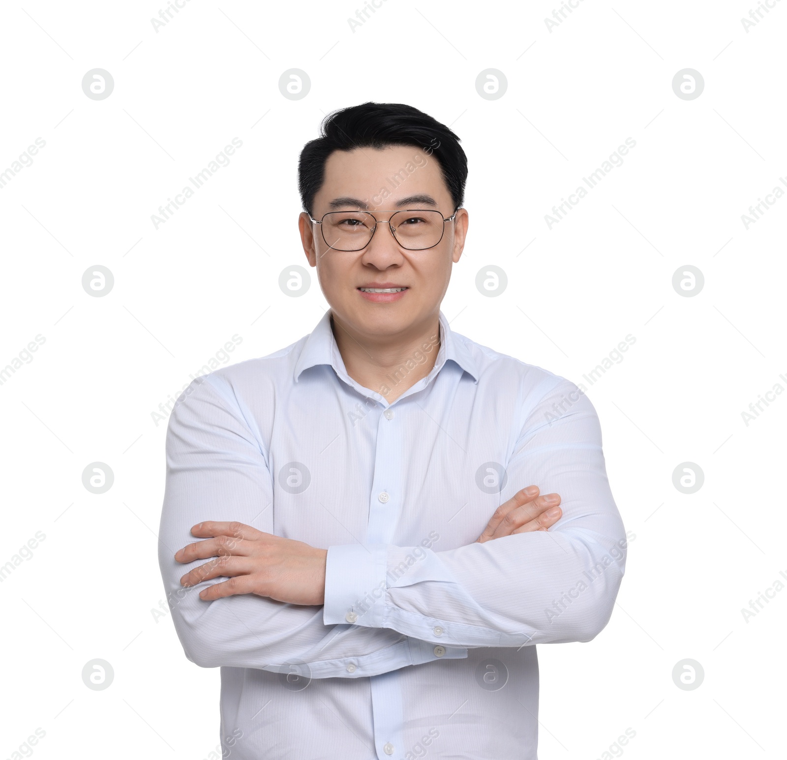 Photo of Businessman in formal clothes wearing glasses on white background