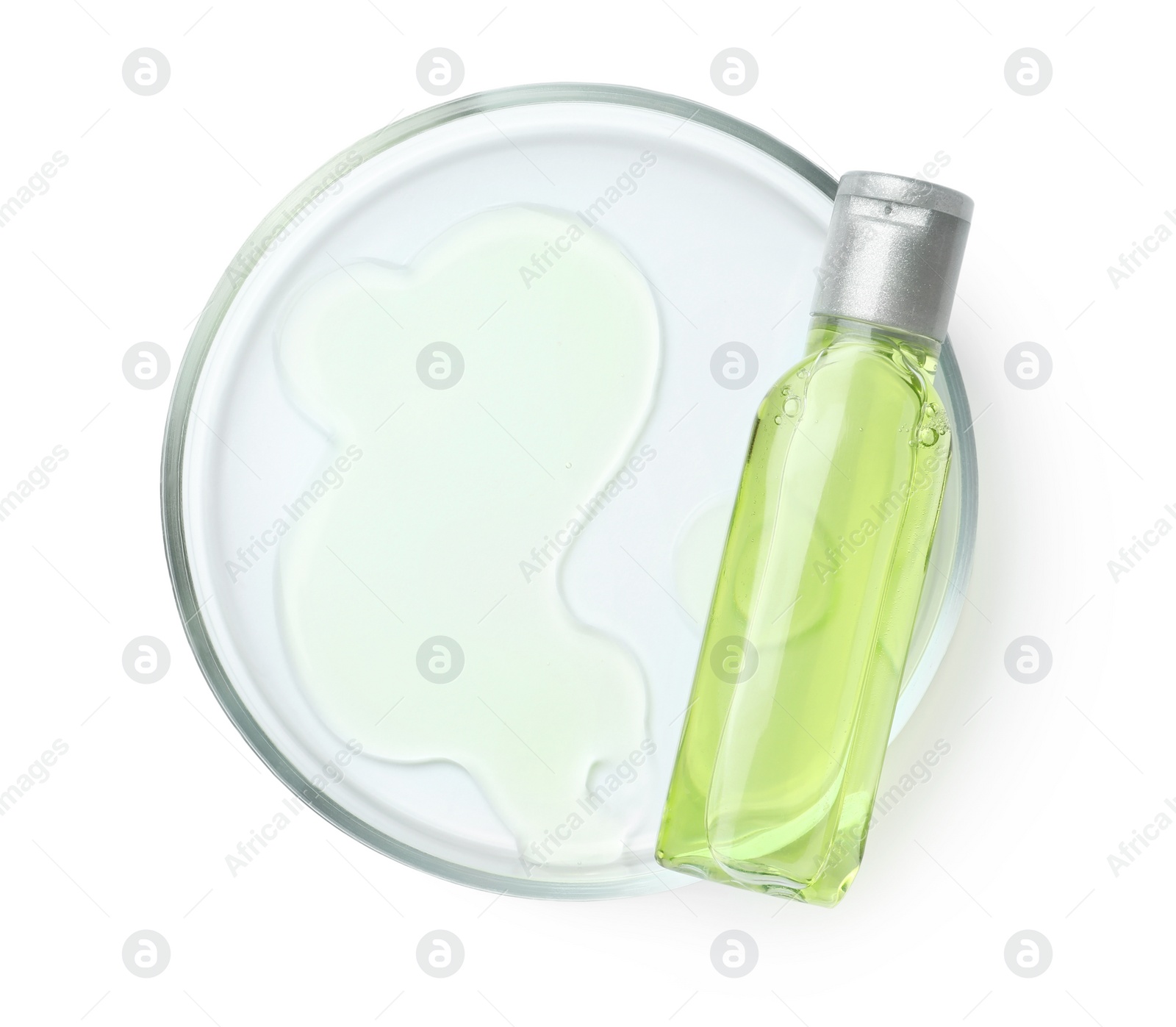 Photo of Petri dish with cosmetic product on white background, top view