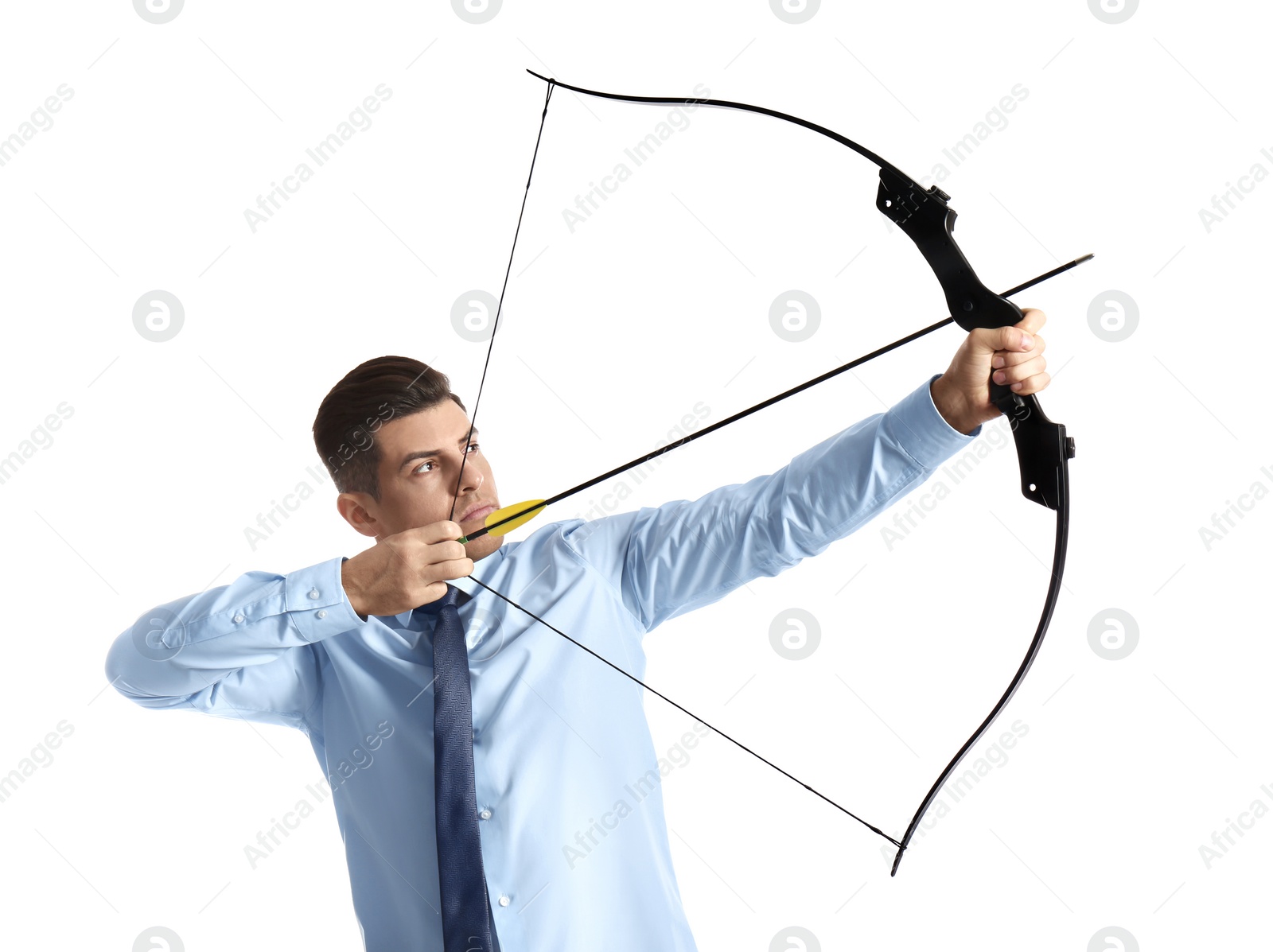 Photo of Businessman with bow and arrow practicing archery on white background