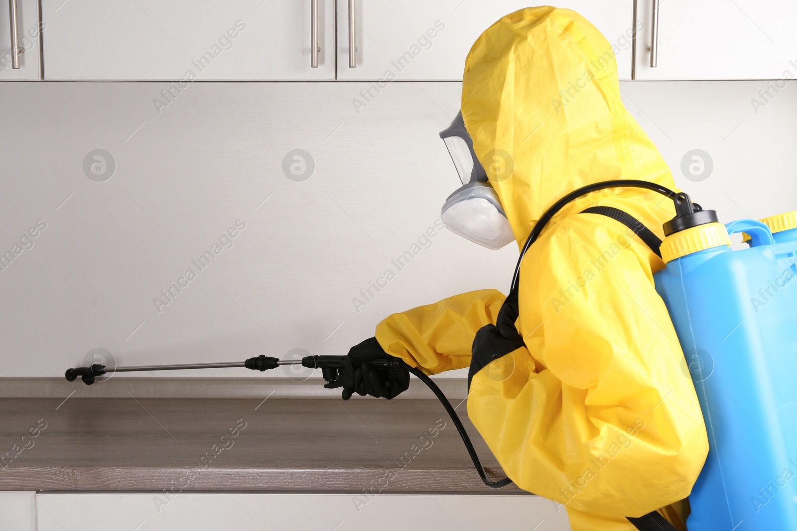 Photo of Pest control worker spraying pesticide in kitchen