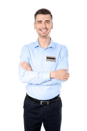 Portrait of male receptionist on white background