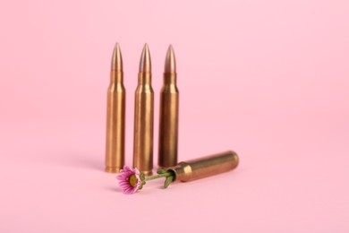 Photo of Bullets and beautiful chrysanthemum flower on pink background