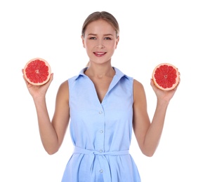 Slim woman with grapefruit on white background. Healthy diet
