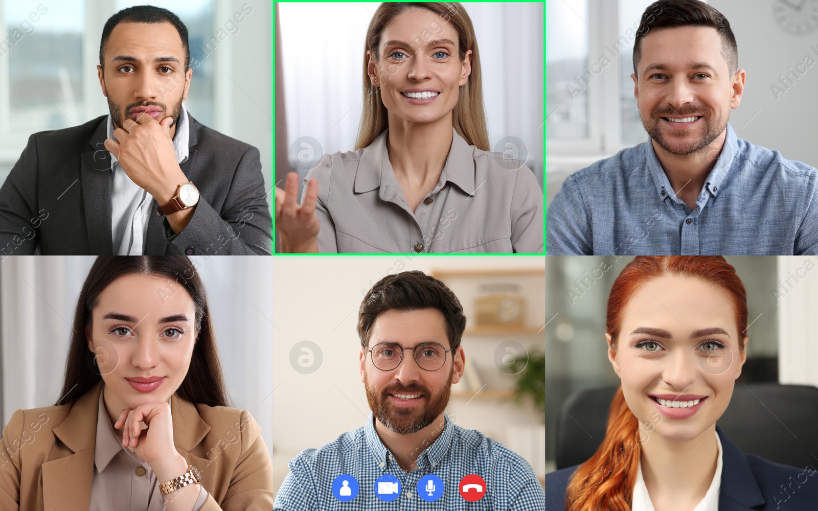 Image of Laptop (computer) screen showing people during video call. Colleagues having video chat