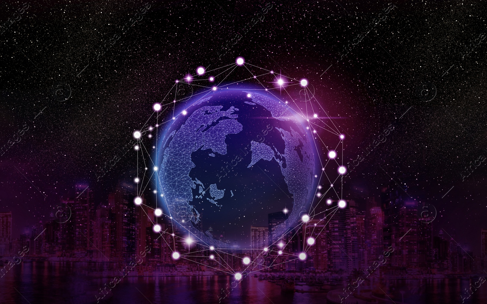 Image of Globe with network connection lines and night city. Modern technology