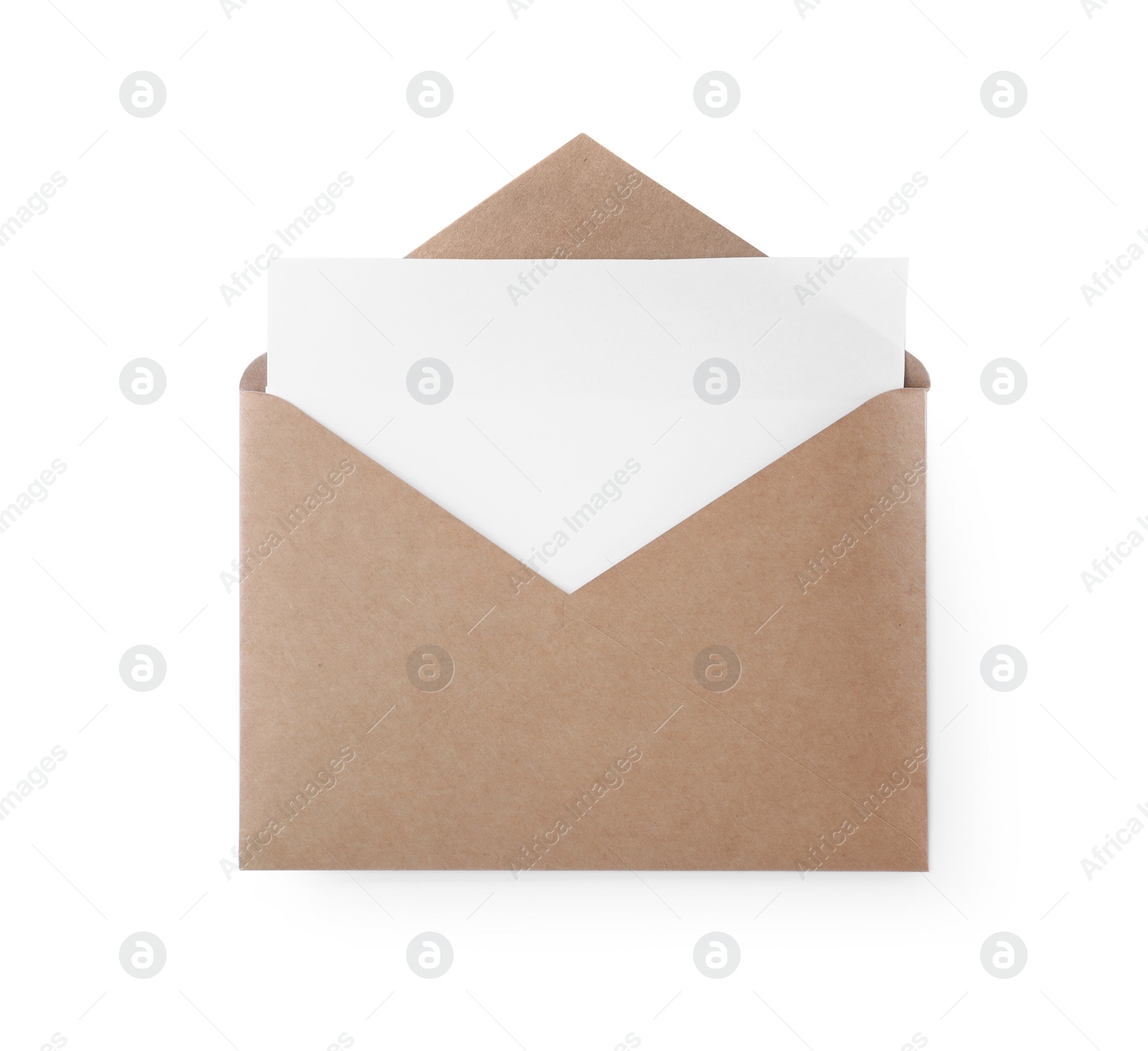 Photo of Kraft paper envelope with blank card isolated on white