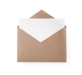 Photo of Kraft paper envelope with blank card isolated on white