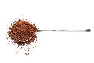 Photo of Spoon with cocoa powder on white background