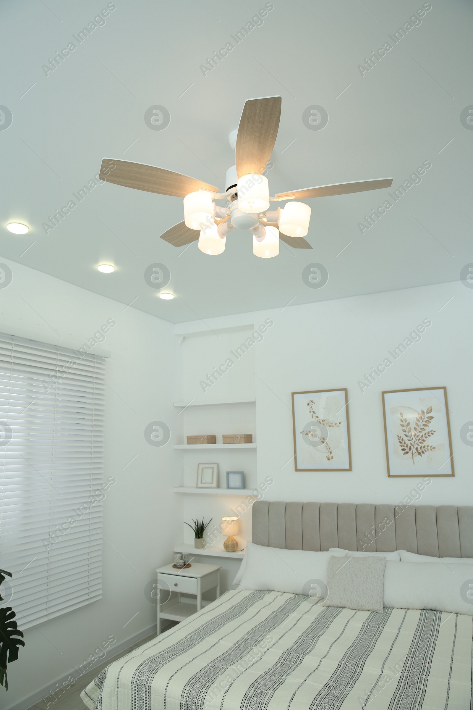 Photo of Comfortable furniture, ceiling fan and accessories in stylish bedroom