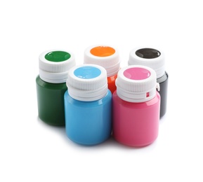 Photo of Jars with colorful paints on white background. Artistic equipment for children