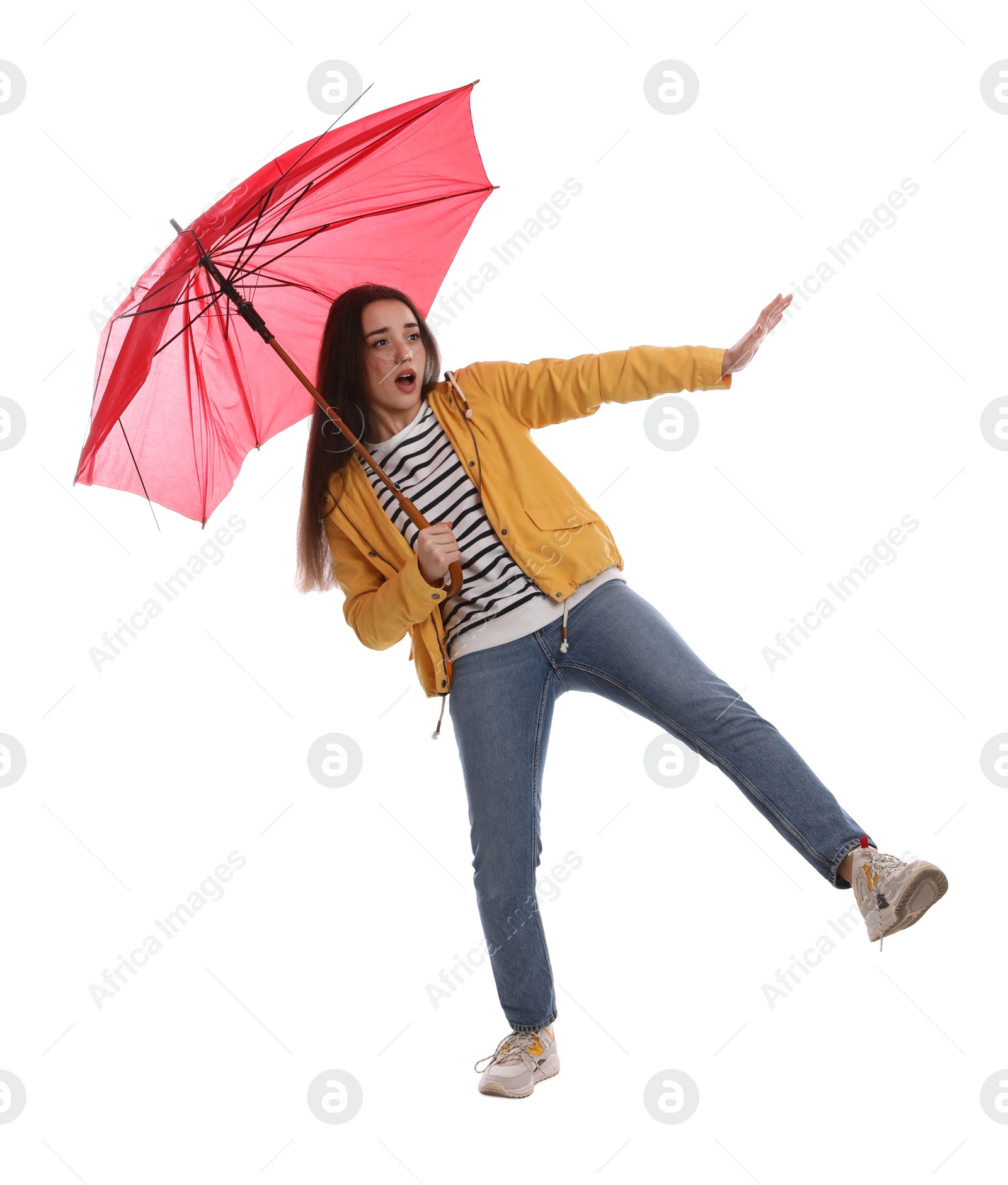 Photo of Emotional woman with umbrella caught in gust of wind on white background