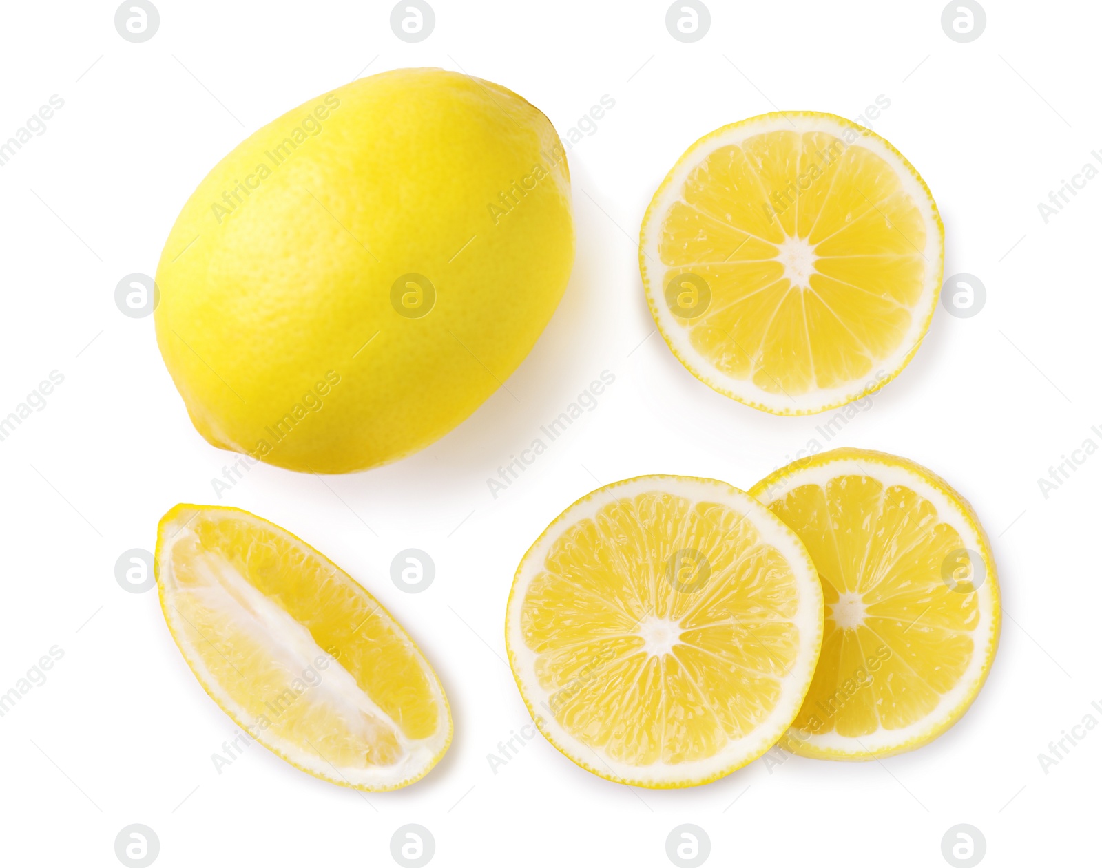 Photo of Sliced and whole fresh lemons on white background, top view