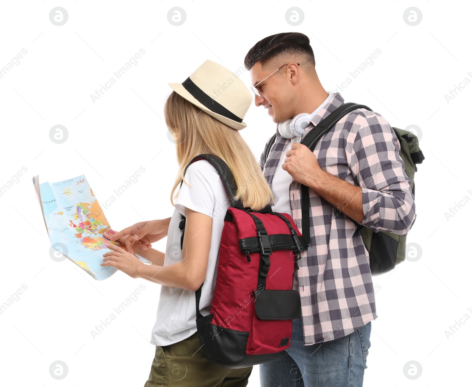 Photo of Couple with map on white background. Summer travel