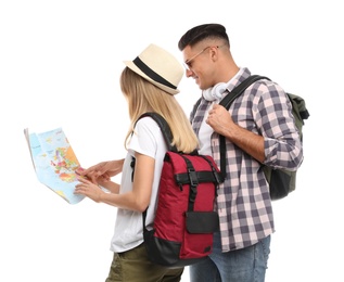 Photo of Couple with map on white background. Summer travel