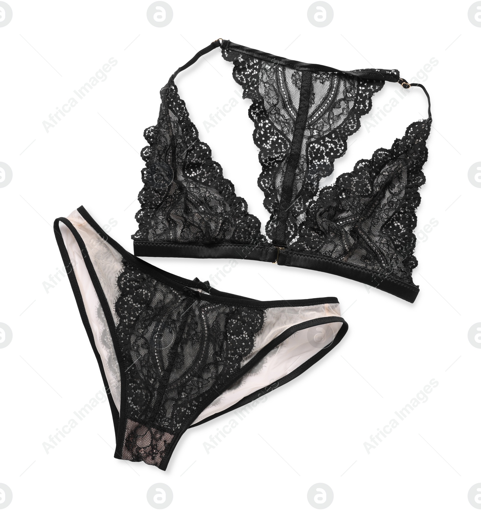 Photo of Elegant black women's underwear on white background, top view