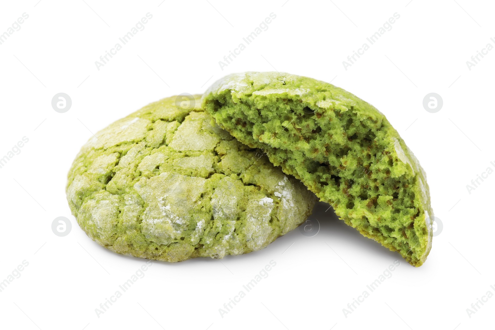 Photo of Whole and piece of tasty matcha cookie isolated on white