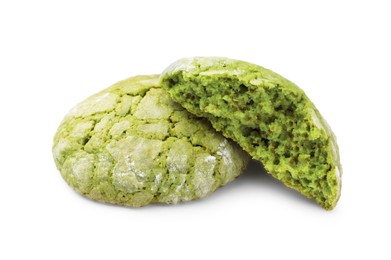 Photo of Whole and piece of tasty matcha cookie isolated on white