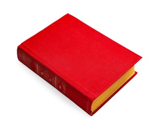 Photo of Book with blank red cover on white background