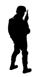 Silhouette of soldier with assault rifle on white background. Military service