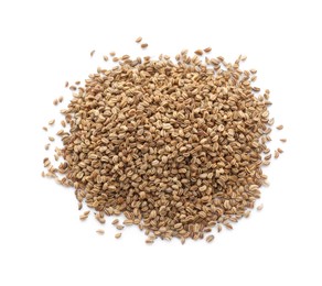 Photo of Pile of celery seeds isolated on white, top view